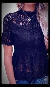  Sheer Mesh Lace Blouse Peplum Top